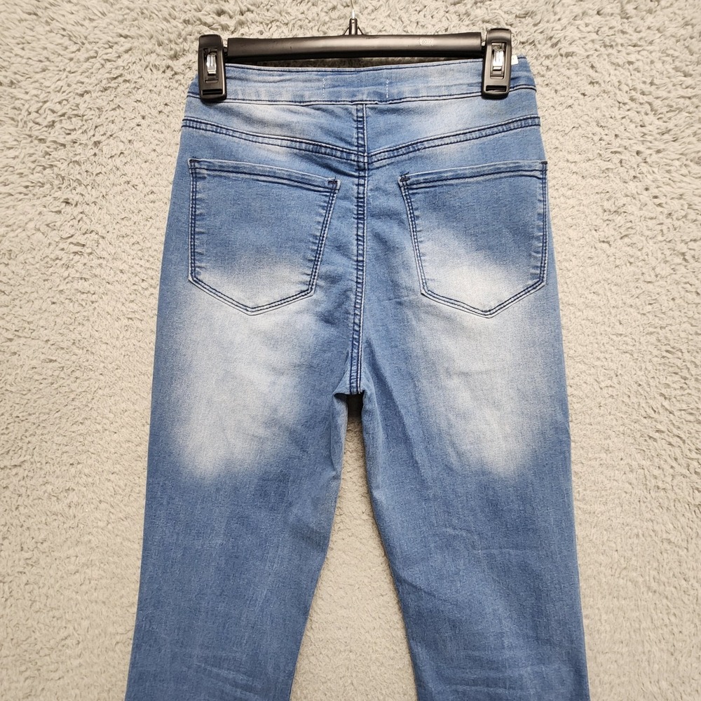 Almost Famous Flare Boho Shredded Jeans Womens Size 3 Blue Stretch Denim‎ - Picture 10 of 15